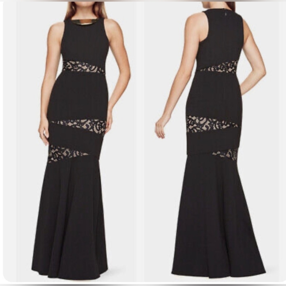BCBGMaxAzria "Dominique" black long gown sleeveless lace illusion pieces sz 2